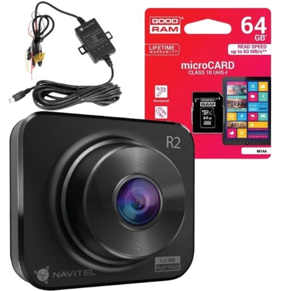 Zestaw Wideorejestrator kamera samochodowa Navitel R2 + adapter zasilania Smartbox NAVITEL + karta microSD 64 GB