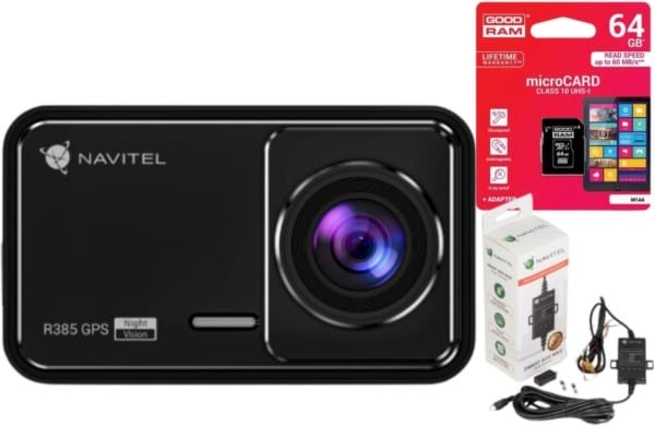 Zestaw Wideorejestrator kamera samochodowa Navitel R385 2K GPS + adapter zasilania Smartbox NAVITEL + karta 64GB