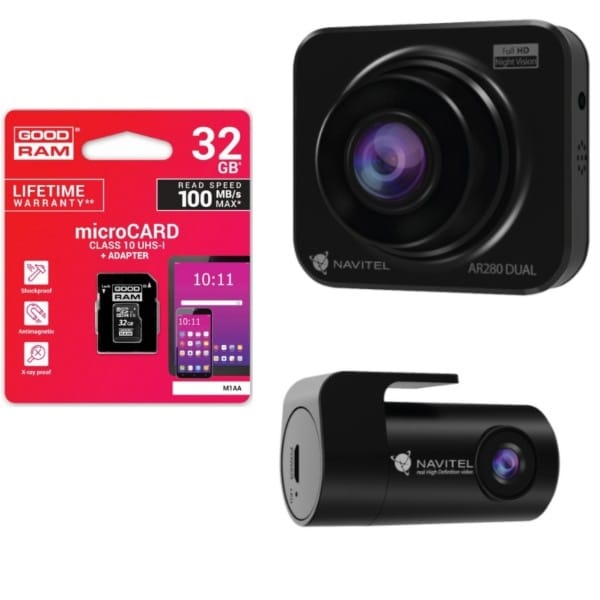Zestaw Wideorejestrator kamera samochodowa Navitel AR280 Dual + karta 32 GB