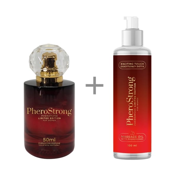 Zestaw perfumy z feromonami dla kobiet 50 ml + olejek do masażu 100 ml elegancki zapach kwiatowo drzewny – PheroStrong Limited Edition