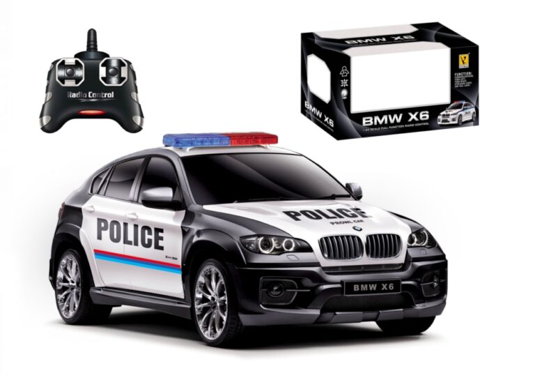 Zdalnie sterowane BMW X6 Policja 2.4GHz 18 cm – światła i gumowe opony, realistyczne lusterka, idealne dla dzieci 3+