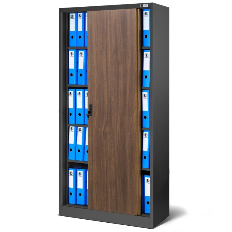 Szafa metalowa biurowa z drzwiami przesuwnymi antracytowa/orzech, 900x1850x400 mm: KUBA Eco Design