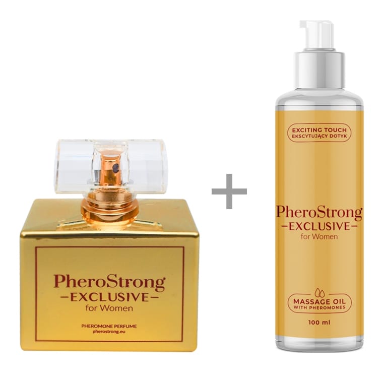 Zestaw perfumy z feromonami dla kobiet 50 ml + olejek do masażu 100 ml elegancki zapach premium – PheroStrong Exclusive
