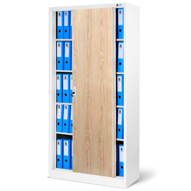 Szafa metalowa biurowa z drzwiami przesuwnymi biała/dąb sonoma, 900x1850x400 mm: KUBA Eco Design