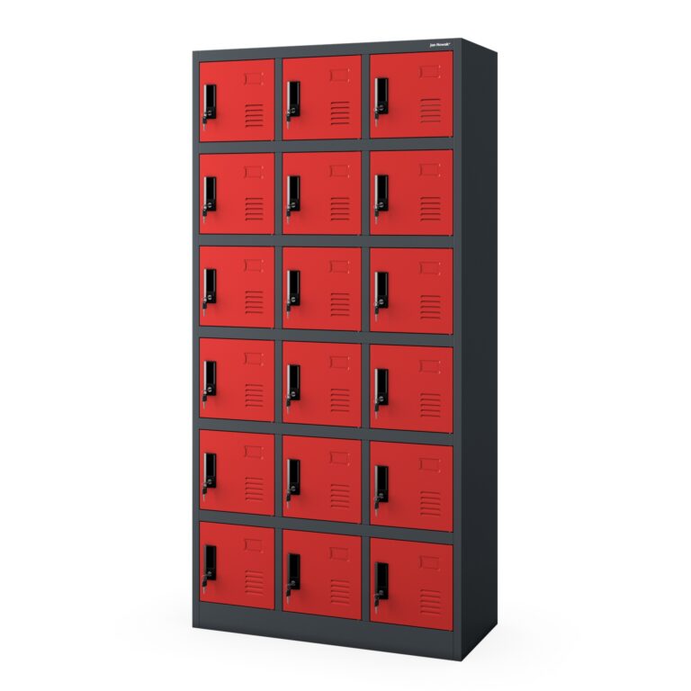 Szafka pracownicza skrytkowa 18-skrytkowa antracytowo-czerwona, 900x1850x400 mm: KAROL