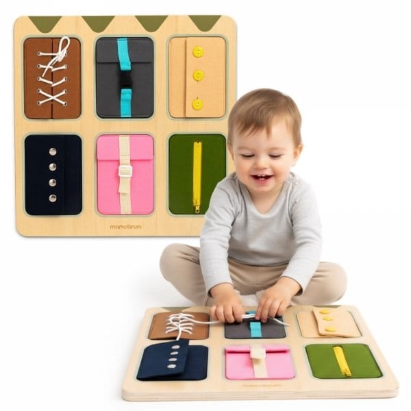 Drewniana tablica manipulacyjna Montessori – Sensoryczna Nauka samodzielności – sznurówki, klamry, guziki, zatrzaski, suwak